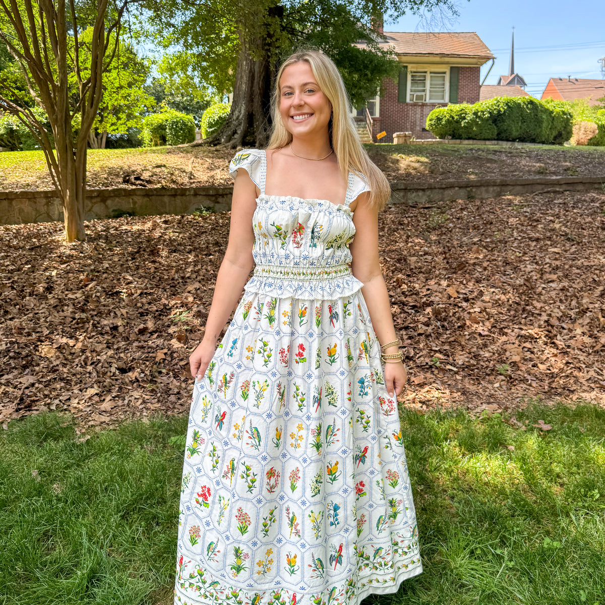 farm rio tropical woodcut floral maxi dress Farm Rio Tropical Porcelain Off-White Maxi Dress – True Orange Boutique