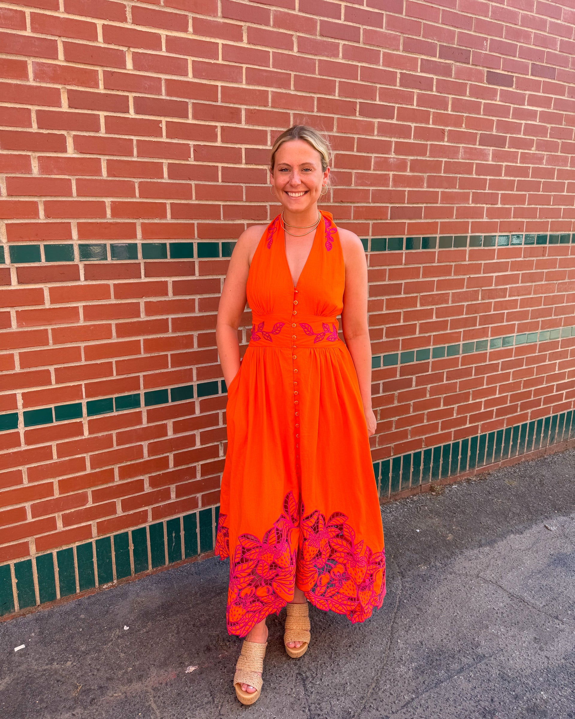 Farm Rio Fruit Richelieu Artisanal Buttoned Maxi Dress – True Orange Boutique Farm Rio Fruit Richelieu Artisanal Buttoned Maxi Dress – True Orange Boutique