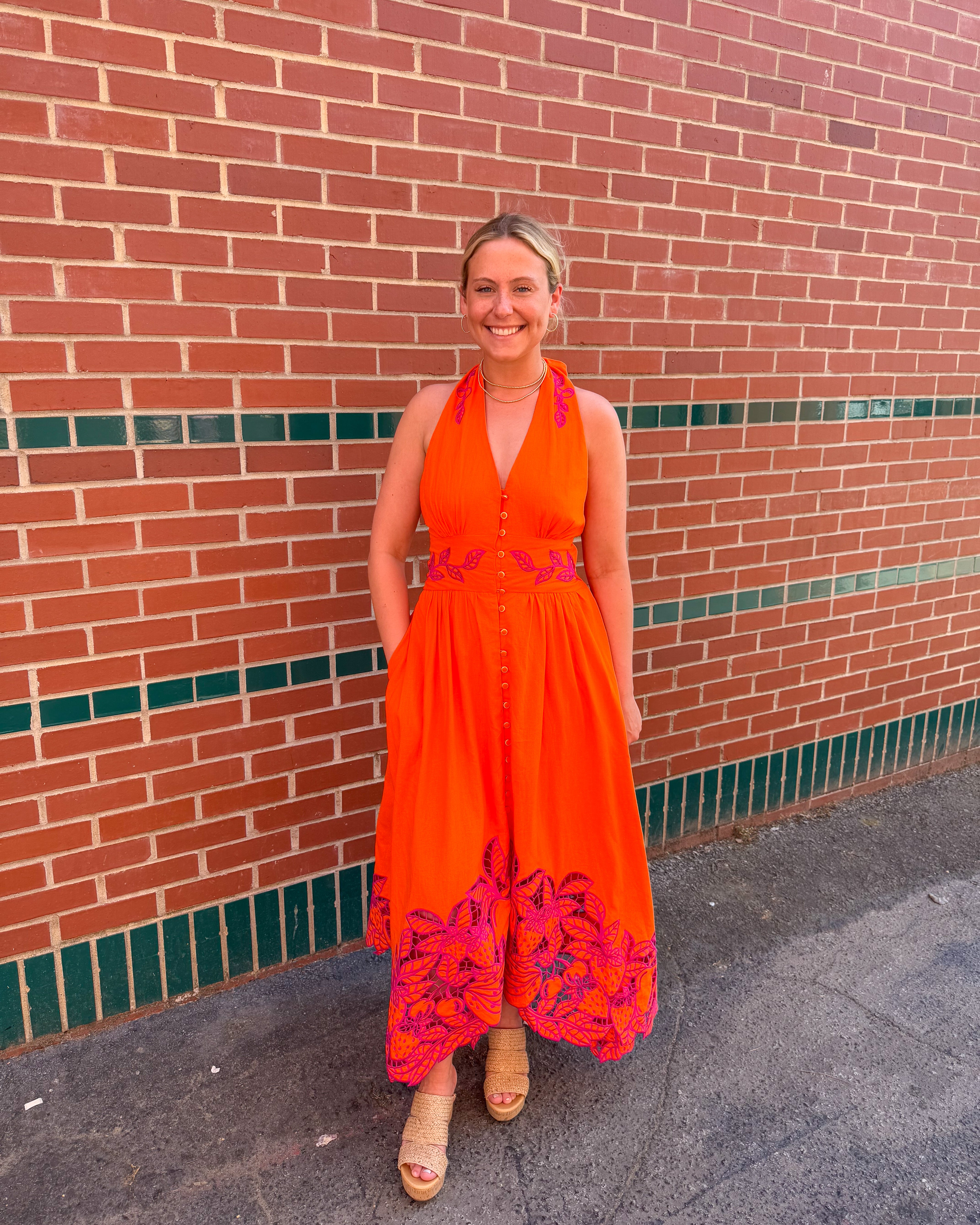 orange fruit dress Farm Rio Fruit Richelieu Artisanal Buttoned Maxi Dress